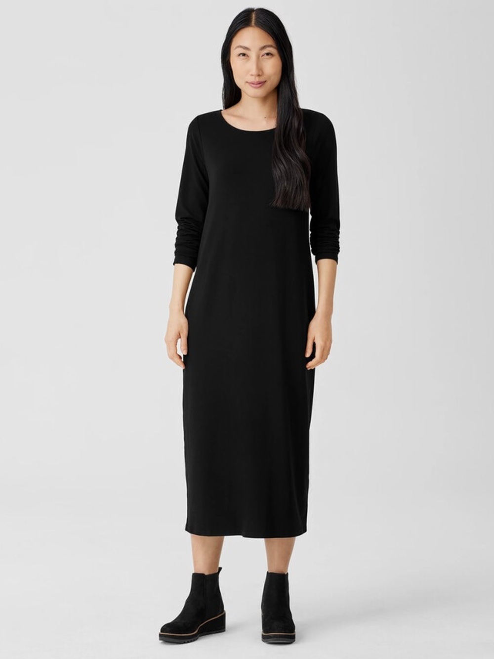 Eileen Fisher Stretch Jersey Knit Jewel Neck Dress Midi Maxi Slim Fit Black S